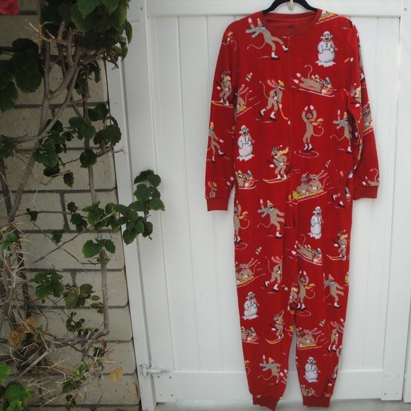 Nick & Nora Union Suit Red Sock Monkey Fleece Pajamas Medium - Picture 2 of 4